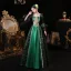 Vintage / Retro Medieval Green Prom Dresses 2023 Crossed Straps 3D Lace Puffy Printing Square Neckline 3/4 Sleeve Satin Floor-Length / Long Ball Gown Formal Dresses