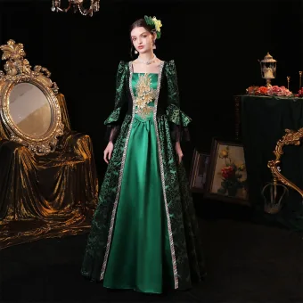 Vintage Originale Médiévale Vert Robe De Bal 2023 Bretelles Croisées Dentelle 3d Gonflée Impression Encolure Carrée 3 4 Manches Satin Longue Robe Boule Robe De Ceremonie