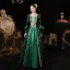 Vintage / Retro Medieval Green Prom Dresses 2023 Crossed Straps 3D Lace Puffy Printing Square Neckline 3/4 Sleeve Satin Floor-Length / Long Ball Gown Formal Dresses