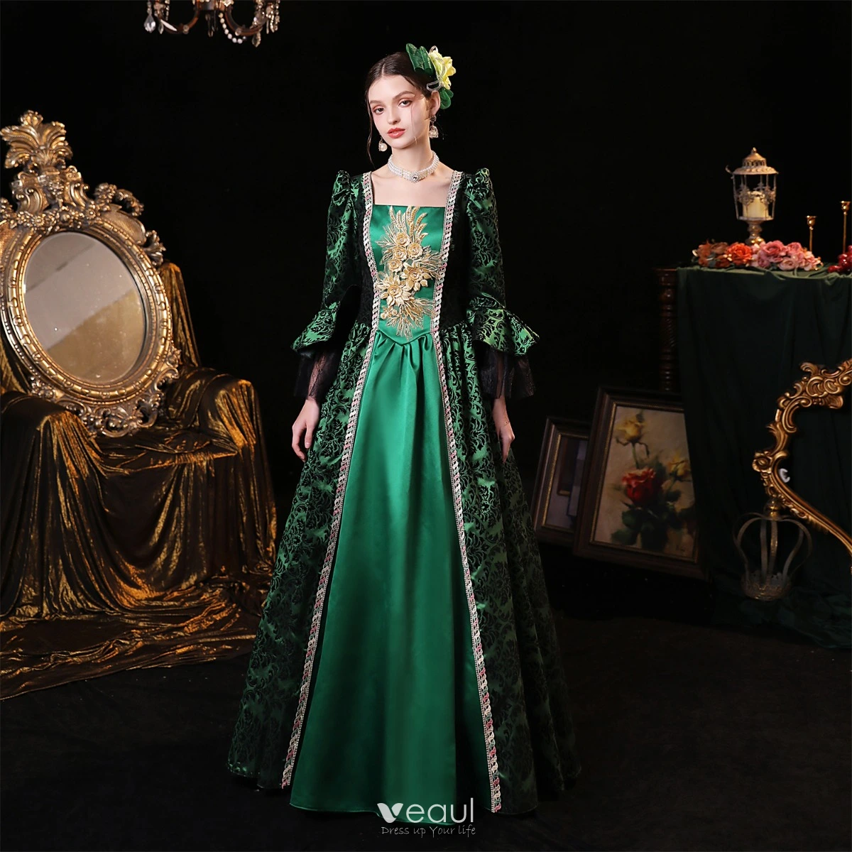 Vintage / Retro Medieval Green Prom Dresses 2023 Crossed Straps 3D Lace  Puffy Printing Square Neckline 3/4 Sleeve Satin Floor-Length / Long Ball Gown  Formal Dresses