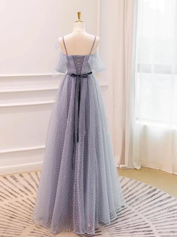 Charmant Gris Tachetée Robe De Bal 2024 Princesse Bretelles Spaghetti Sans Manches Dos Nu Noeud Ceinture Longue Robe De Ceremonie