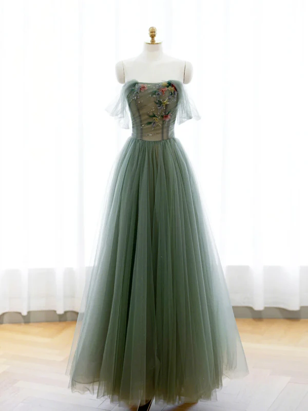 Chic / Beautiful Sage Green Appliques Prom Dresses 2024 A-Line / Princess Strapless Sleeveless Backless Floor-Length / Long Formal Dresses