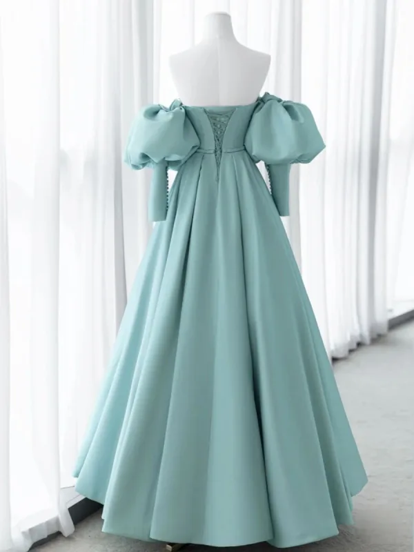 Elegant Sage Green Satin Prom Dresses 2024 A-Line / Princess Off-The-Shoulder Puffy Short Sleeve Backless Floor-Length / Long Formal Dresses