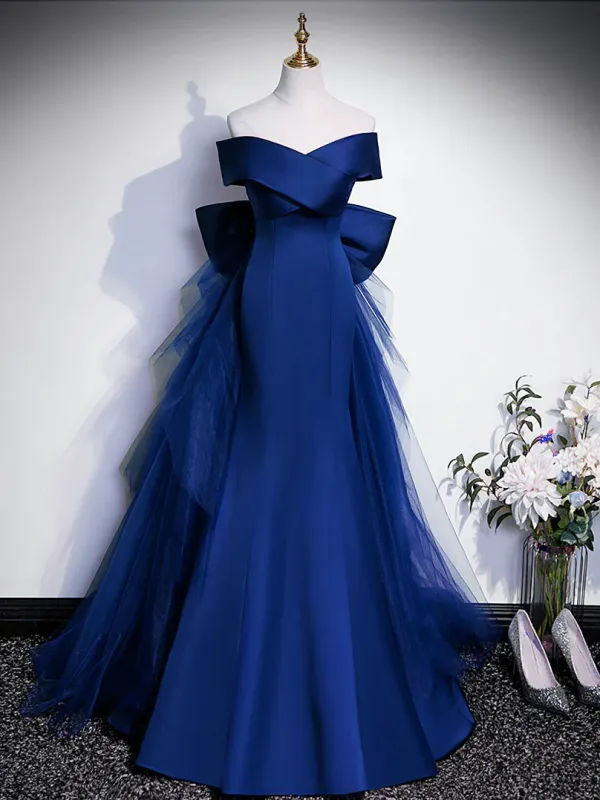 Vintage Konigliches Blau Satin Ballkleider 2024 Meerjungfrau Off Shoulder Armellos Ruckenfreies Schleife Lange Festliche Kleider