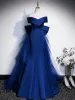 Vintage / Retro Royal Blue Satin Prom Dresses 2024 Trumpet / Mermaid Off-The-Shoulder Sleeveless Backless Bow Floor-Length / Long Formal Dresses