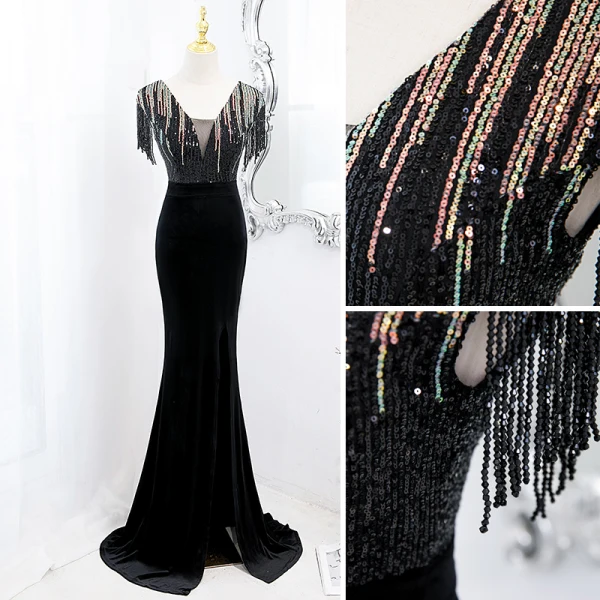 Sexy Noire Paillettes Robe De Soirée 2022 Trompette / Sirène V-Cou Sans Manches Perlage Gland Dos Nu Fendue devant Longue Robe De Ceremonie