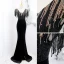 Sexy Noire Paillettes Robe De Soirée 2022 Trompette / Sirène V-Cou Sans Manches Perlage Gland Dos Nu Fendue devant Longue Robe De Ceremonie