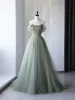 Romantic Leaf Sage Green Prom Dresses 2024 Tulle Off-The-Shoulder Sleeveless A-Line / Princess Formal Dresses