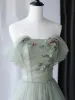 Romantic Leaf Sage Green Prom Dresses 2024 Tulle Off-The-Shoulder Sleeveless A-Line / Princess Formal Dresses