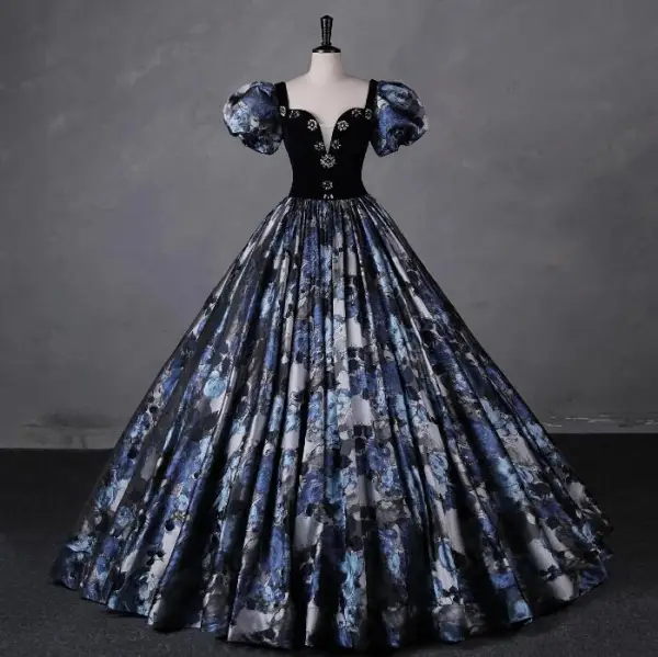 Vintage Retro Navy Blue Floral Rhinestone Prom Dresses 2023 Ball Gown Square Neckline