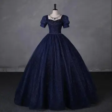 Vintage Retro Navy Blue Beading Pearl Sequins Prom Dresses 2023 Ball Gown Square Neckline Short Sleeve Backless Floor Length Long Prom Formal Dresses