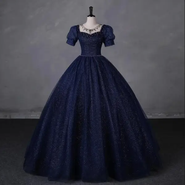Vintage Retro Navy Blue Beading Pearl Sequins Prom Dresses 2023 Ball Gown  Square Neckline Short Sleeve Backless Floor Length Long Prom Formal Dresses