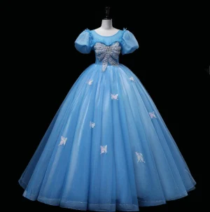 Chic Beautiful Sky Blue Glitter Prom Dresses 2023 Ball Gown Scoop Neck Sequins Butterfly Beading Pearl Puffy Short Sleeve Backless Floor Length Long Prom