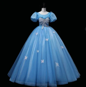 Chic Beautiful Sky Blue Glitter Prom Dresses 2023 Ball Gown Scoop Neck Sequins Butterfly Beading Pearl Puffy Short Sleeve Backless Floor Length Long Prom