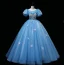 Chic / Beautiful Sky Blue Glitter Prom Dresses 2023 Ball Gown Scoop Neck Sequins Butterfly Beading Pearl Puffy Short Sleeve Backless Floor-Length / Long Prom