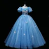 Chic / Beautiful Sky Blue Glitter Prom Dresses 2023 Ball Gown Scoop Neck Sequins Butterfly Beading Pearl Puffy Short Sleeve Backless Floor-Length / Long Prom