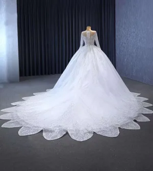 Lyx Vita Handgjort Beading Rhinestone Bröllopsklänningar 2023 Balklänning Urringning Långärmad Halterneck Royal Train Bröllop