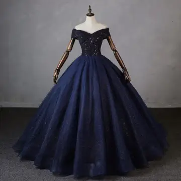 Vintage Retro Navy Blue Beading Sequins Prom Dresses 2023 Ball Gown Off The Shoulder Short Sleeve Backless Floor Length Long Formal Dresses