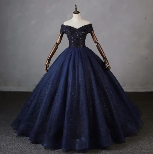 Vintage / Retro Navy Blue Beading Sequins Prom Dresses 2023 Ball Gown Off-The-Shoulder Short Sleeve Backless Floor-Length / Long Formal Dresses