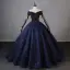 Vintage / Retro Navy Blue Beading Sequins Prom Dresses 2023 Ball Gown Off-The-Shoulder Short Sleeve Backless Floor-Length / Long Formal Dresses