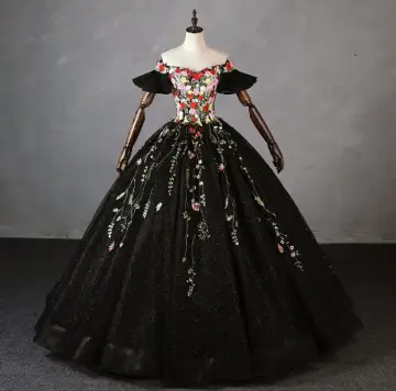Fée Des Fleurs Noire En Dentelle Fleur Robe De Bal 2023 Robe Boule De L Épaule Manches Courtes Dos Nu Longue Robe De Ceremonie