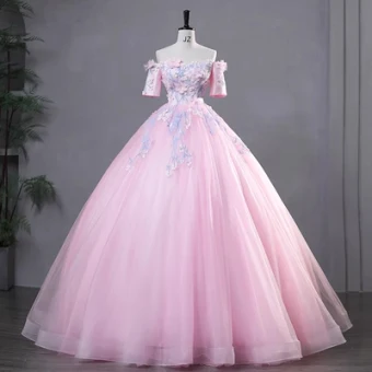 Lovely Candy Pink Lace Flower Appliques Prom Dresses 2023 Ball Gown Off The Shoulder Short Sleeve Backless Floor Length Long Prom Formal Dresses