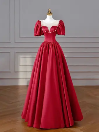 Elegant Burgundy Pearl Satin Prom Dresses 2024 A Line Princess Scoop Neck Puffy Short Sleeve Backless Floor Length Long Prom Formal Dresses