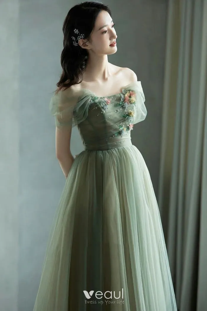 Dazzling deep V-neck thin shoulder strap embroidered with flowers, backless lace up and floor skirt Prom Dresses main image 0