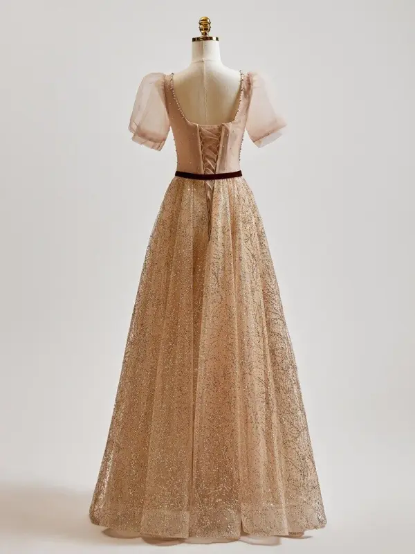 Chic / Beautiful Champagne Glitter Beading Rhinestone Prom Dresses 2025 A-Line / Princess Square Neckline Bow Sash Puffy Short Sleeve Floor-Length / Long Formal Dresses