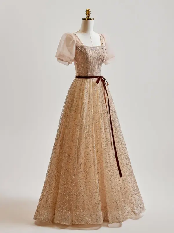 Chic / Beautiful Champagne Glitter Beading Rhinestone Prom Dresses 2025 A-Line / Princess Square Neckline Bow Sash Puffy Short Sleeve Floor-Length / Long Formal Dresses