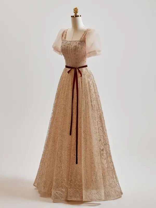 Chic / Beautiful Champagne Glitter Beading Rhinestone Prom Dresses 2025 A-Line / Princess Square Neckline Bow Sash Puffy Short Sleeve Floor-Length / Long Formal Dresses