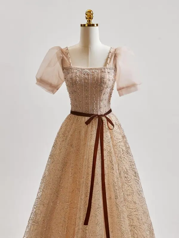 Chic / Beautiful Champagne Glitter Beading Rhinestone Prom Dresses 2025 A-Line / Princess Square Neckline Bow Sash Puffy Short Sleeve Floor-Length / Long Formal Dresses