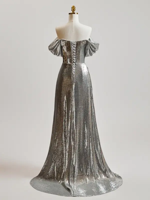 Scintillantes Argenté Perlage Paillettes Robe De Bal 2025 Princesse De l'épaule Manches Courtes Dos Nu Train De Balayage Robe De Ceremonie