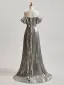 Scintillantes Argenté Perlage Paillettes Robe De Bal 2025 Princesse De l'épaule Manches Courtes Dos Nu Train De Balayage Robe De Ceremonie