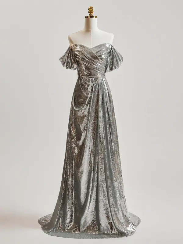 Scintillantes Argenté Perlage Paillettes Robe De Bal 2025 Princesse De l'épaule Manches Courtes Dos Nu Train De Balayage Robe De Ceremonie