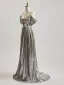 Scintillantes Argenté Perlage Paillettes Robe De Bal 2025 Princesse De l'épaule Manches Courtes Dos Nu Train De Balayage Robe De Ceremonie
