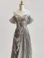 Scintillantes Argenté Perlage Paillettes Robe De Bal 2025 Princesse De l'épaule Manches Courtes Dos Nu Train De Balayage Robe De Ceremonie