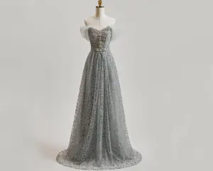 Chic Beautiful Grey Beading Rhinestone Sequins Prom Dresses 2025 A Line Princess Strapless Sleeveless Backless Sweep Train Formal Dresses
