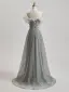 Schöne Grau Perlenstickerei Strass Pailletten Ballkleider 2025 A Linie Bandeau Ärmellos Rückenfreies Sweep / Pinsel Zug Festliche Kleider