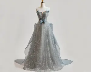 Charming Grey Beading Prom Dresses 2025 A Line Princess Strapless Sleeveless Backless Bow Sweep Train Formal Dresses