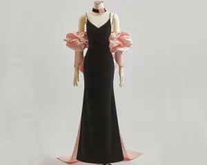 Fashion Sexy Black Backless Bow Evening Dresses 2025 Trumpet Mermaid Spaghetti Straps Ruffle Short Sleeve Sweep Train Formal Dresses