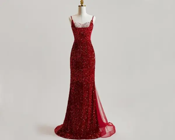Scintillantes Bordeaux Paillettes Robe De Bal 2025 Trompette / Sirène Bretelles Spaghetti Sans Manches Dos Nu Train De Balayage Robe De Ceremonie