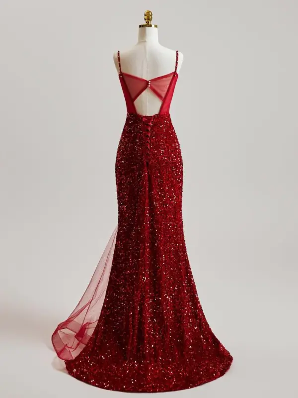 Scintillantes Bordeaux Paillettes Robe De Bal 2025 Trompette / Sirène Bretelles Spaghetti Sans Manches Dos Nu Train De Balayage Robe De Ceremonie