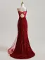 Scintillantes Bordeaux Paillettes Robe De Bal 2025 Trompette / Sirène Bretelles Spaghetti Sans Manches Dos Nu Train De Balayage Robe De Ceremonie