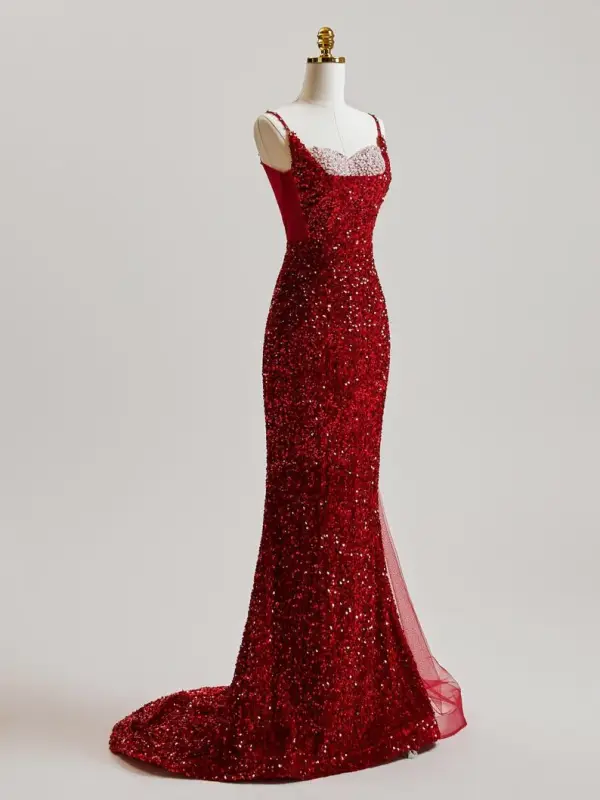 Scintillantes Bordeaux Paillettes Robe De Bal 2025 Trompette / Sirène Bretelles Spaghetti Sans Manches Dos Nu Train De Balayage Robe De Ceremonie
