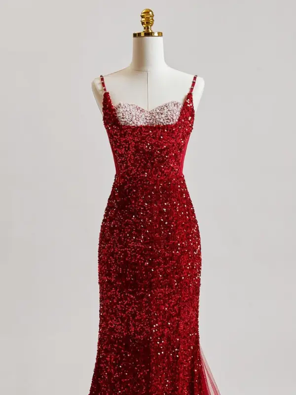 Scintillantes Bordeaux Paillettes Robe De Bal 2025 Trompette / Sirène Bretelles Spaghetti Sans Manches Dos Nu Train De Balayage Robe De Ceremonie