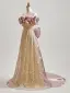 Glitzernden Gold Pailletten Ballkleider 2025 A Linie Rüschen Bandeau Ärmellos Rückenfreies Schleife Sweep / Pinsel Zug Ball Festliche Kleider