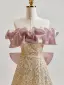 Glitzernden Gold Pailletten Ballkleider 2025 A Linie Rüschen Bandeau Ärmellos Rückenfreies Schleife Sweep / Pinsel Zug Ball Festliche Kleider