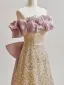 Glitzernden Gold Pailletten Ballkleider 2025 A Linie Rüschen Bandeau Ärmellos Rückenfreies Schleife Sweep / Pinsel Zug Ball Festliche Kleider