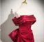 Chic / Beautiful Burgundy Prom Dresses 2025 A-Line / Princess Off-The-Shoulder Short Sleeve Backless Bow Sweep Train Prom Formal Dresses